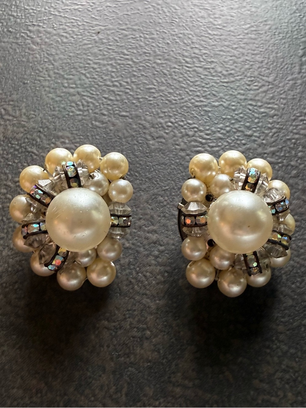 Classy Mid Century Pearl and Crystal Cluster Clip On Earrings